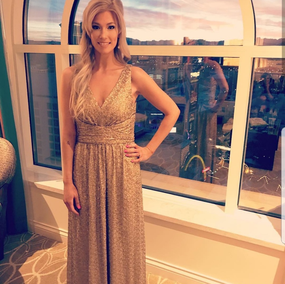 Amsale gold sequin bridesmaid dress